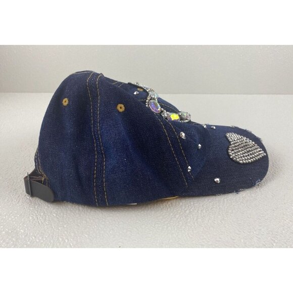 Woman Denim Sparkle Hat Rhinestone Heart Bling Embellished Adjustable Frayed Cap - Picture 9 of 13
